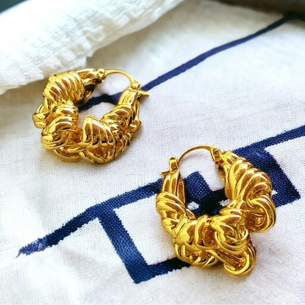 NEW 18K Yellow Gold-Plated Brass Knotted Designer Style Hoops Celeb Favorite